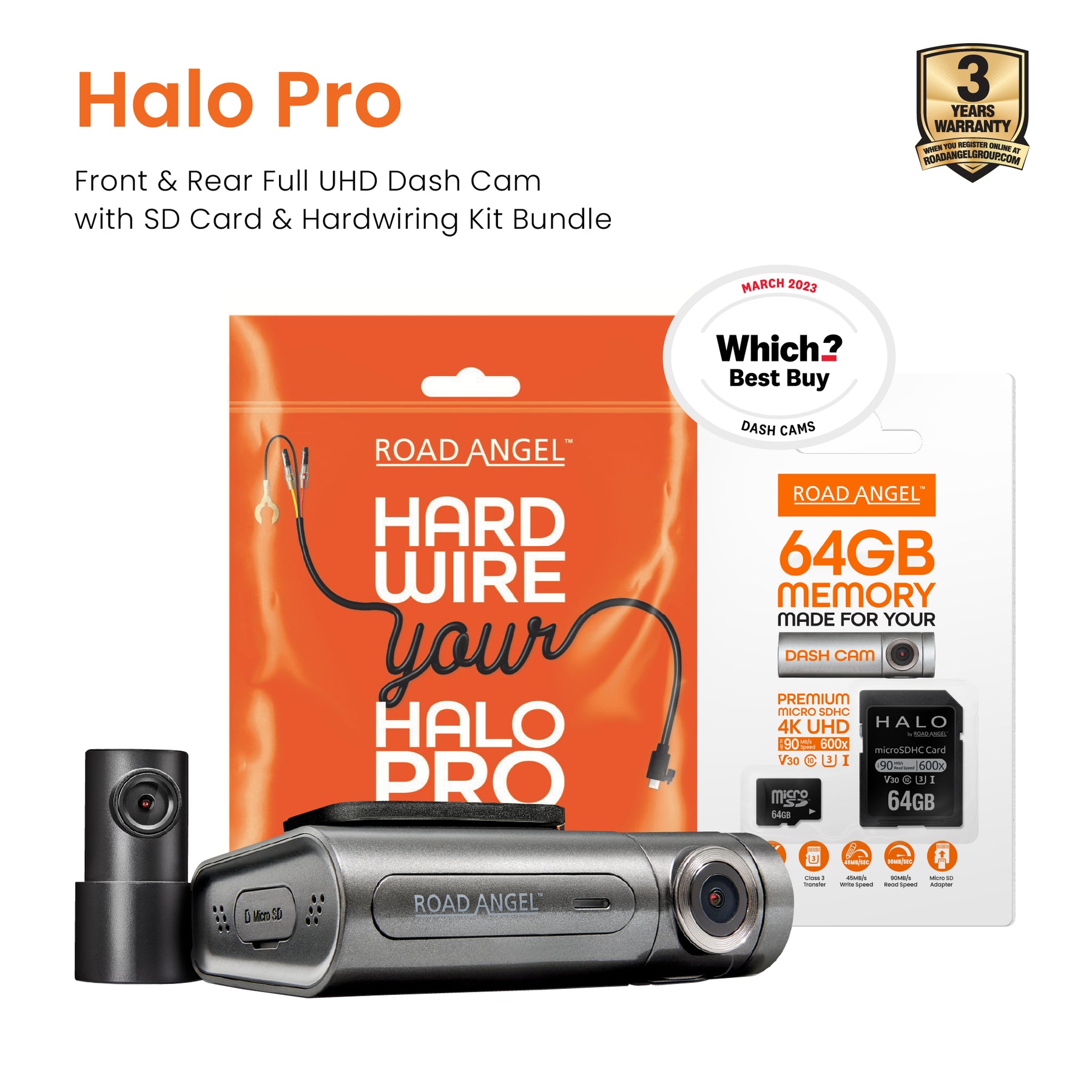 Road Angel Halo Pro Front and Rear Dash Cam with 64GB SD Card & Hardwiring Kit Bundle