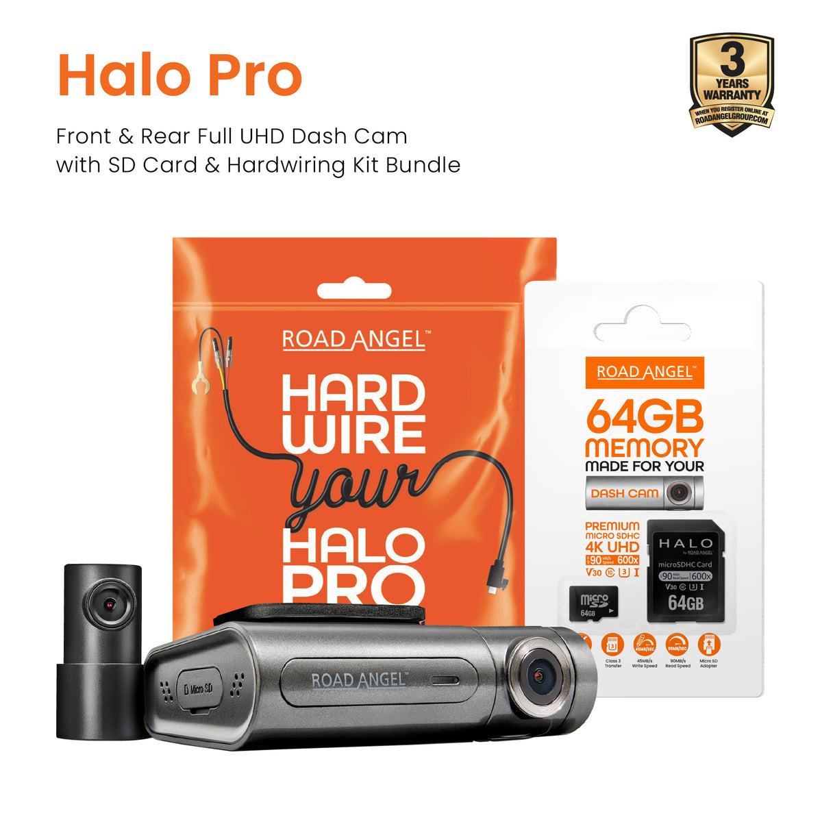 Road Angel Halo Pro Front and Rear Dash Cam with 64GB SD Card & Hardwiring Kit Bundle